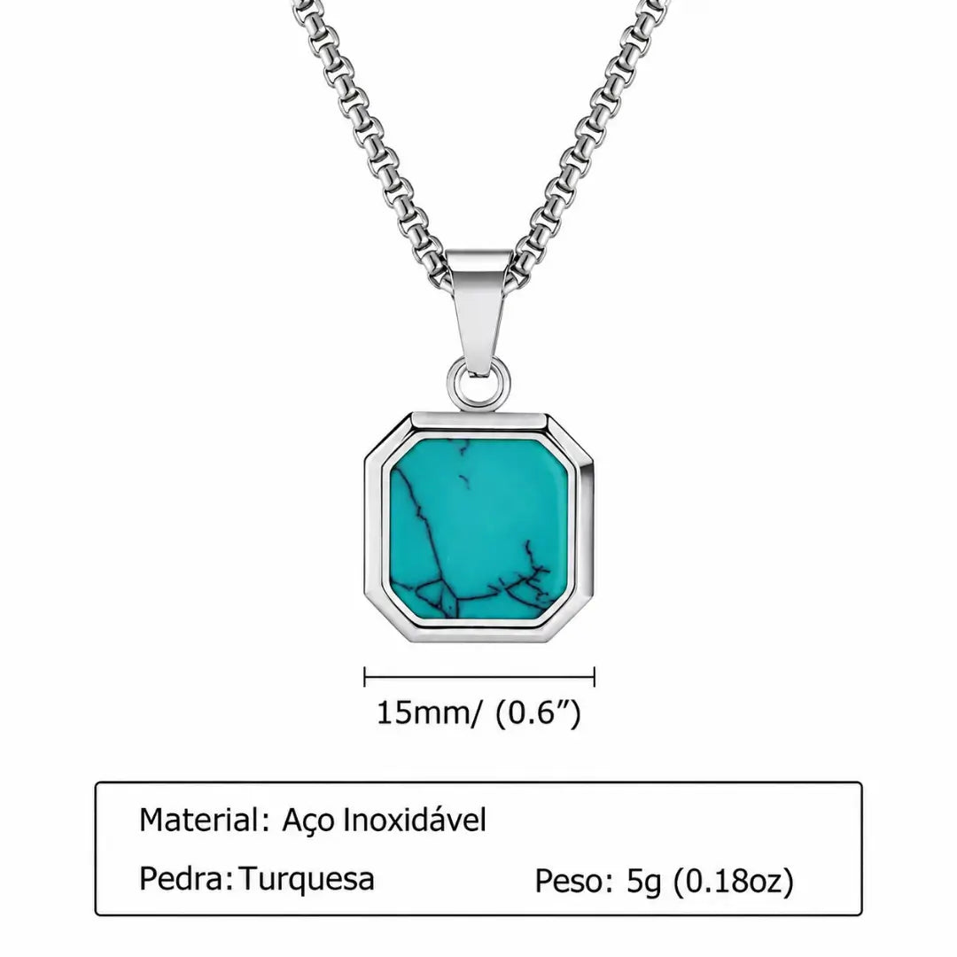 Colar masculino prata com pingente turquesa medidas Bravanni