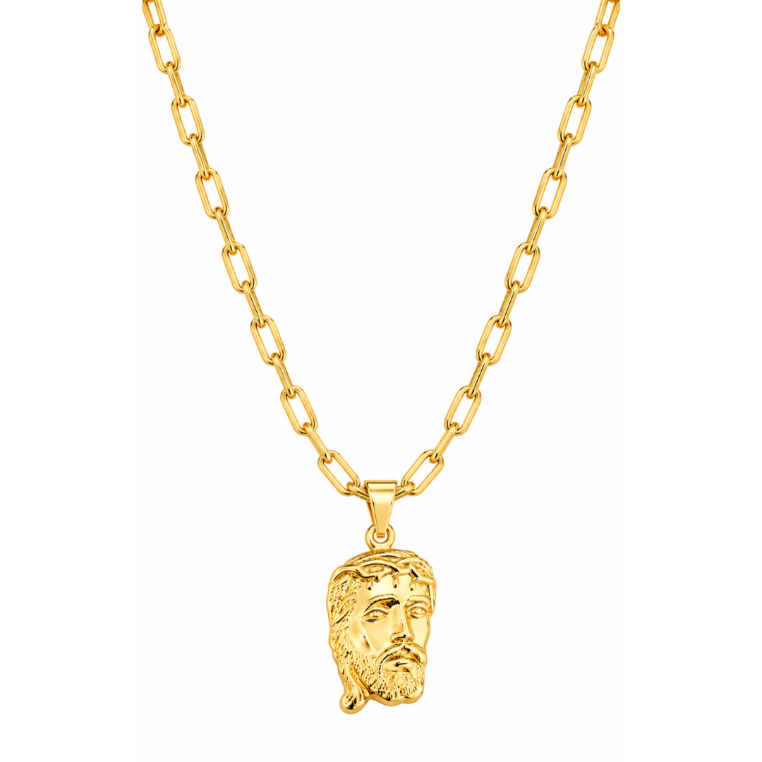 Foto de produto em fundo branco destacando o Colar Masculino Cartier Com Pingente Face de Cristo Grande Banhada a Ouro 18k por inteiro.