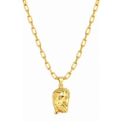 Foto de produto em fundo branco destacando o Colar Masculino Cartier Com Pingente Face de Cristo Grande Banhada a Ouro 18k por inteiro.