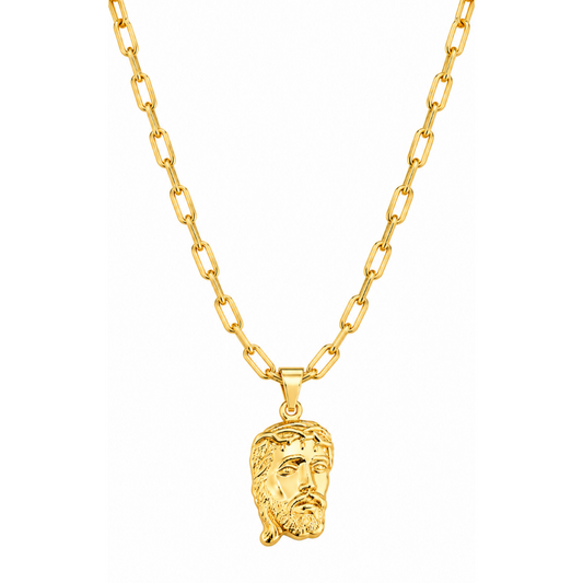 Foto de produto em fundo branco destacando o Colar Masculino Cartier Com Pingente Face de Cristo Grande Banhada a Ouro 18k por inteiro.