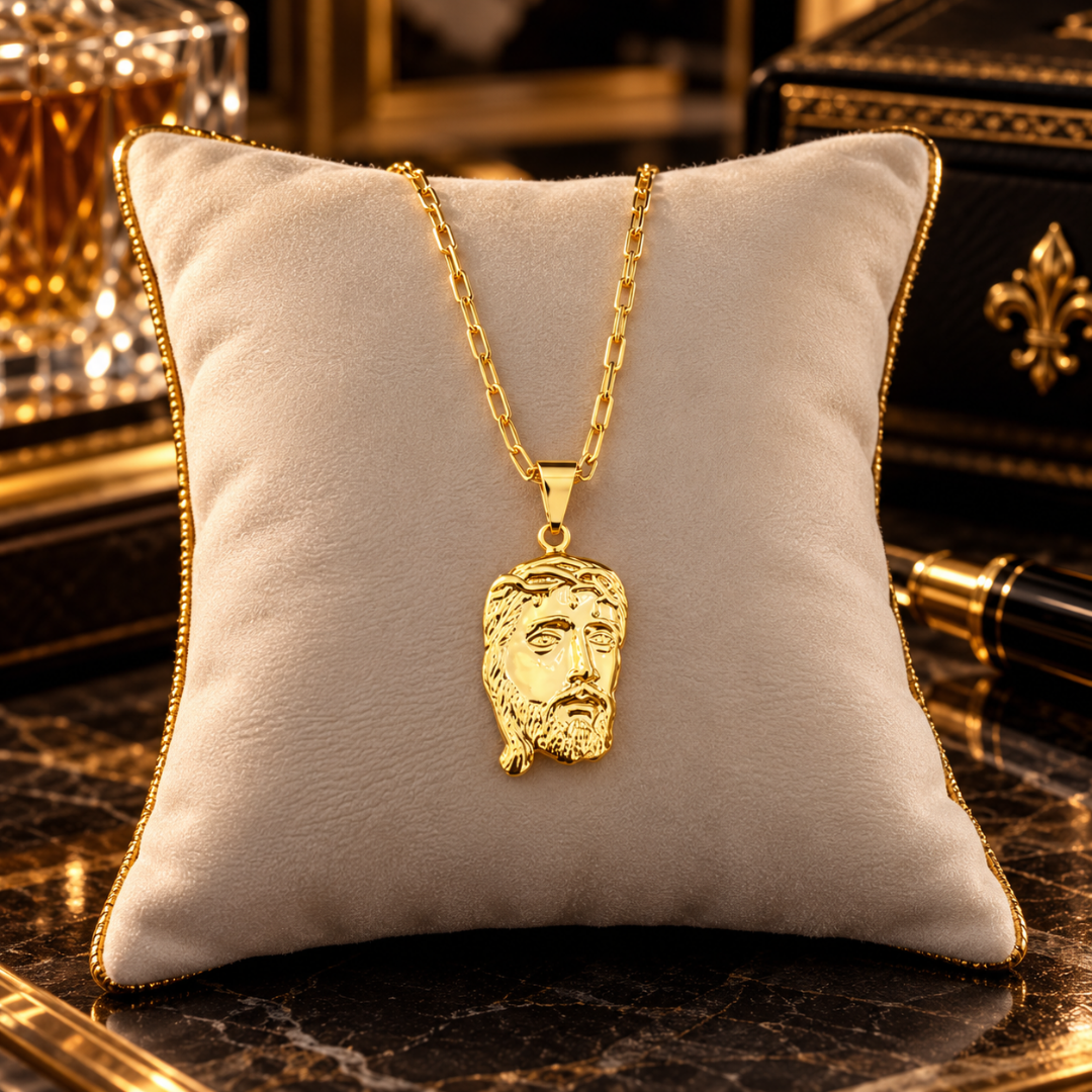 Colar masculino banhado a ouro 18k com corrente Cartier e pingente grande da Face de Cristo apoiado sobre almofada de veludo em estojo elegante.