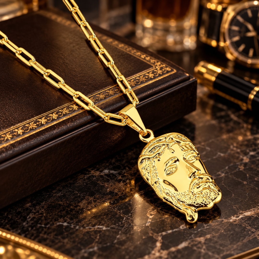 Close-up em ângulo do pingente grande em alto relevo da Face de Cristo com a coroa de espinhos e elos Cartier banhados a ouro 18k sobre bancada de mármore.