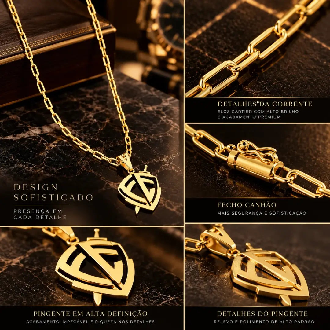 Infográfico com detalhes do colar masculino destacando os elos Cartier, a estrutura do fecho canhão e o acabamento em alto relevo do pingente escudo de fé.