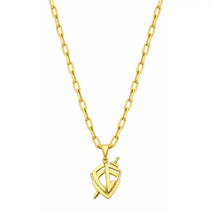 Foto de produto em fundo branco destacando o Colar Masculino Cartier Fecho Canhão Com Pingente Escudo de Fé Banhada a Ouro 18k por inteiro.