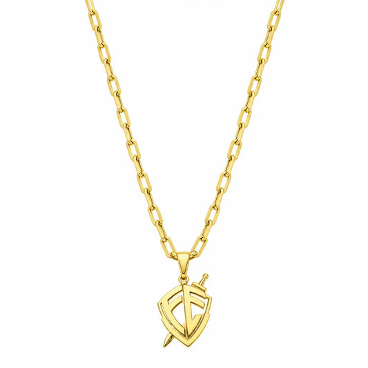 Foto de produto em fundo branco destacando o Colar Masculino Cartier Fecho Canhão Com Pingente Escudo de Fé Banhada a Ouro 18k por inteiro.