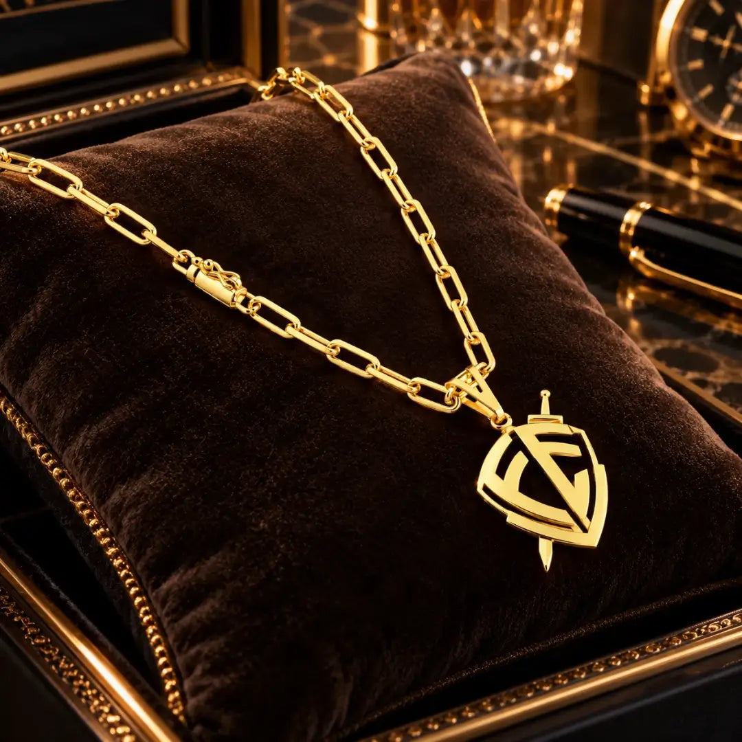 Colar masculino banhado a ouro 18k com corrente Cartier e pingente escudo de fé vazado com espada apoiado sobre almofada de veludo preto.