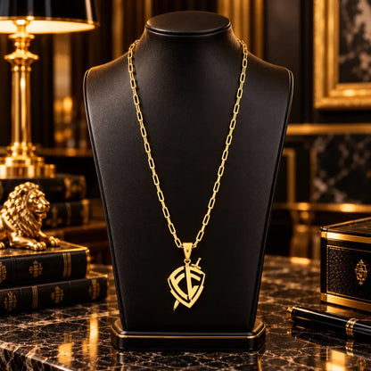 Colar masculino banhado a ouro 18k com corrente Cartier e pingente escudo de fé exibido em um busto expositor preto de joias.
