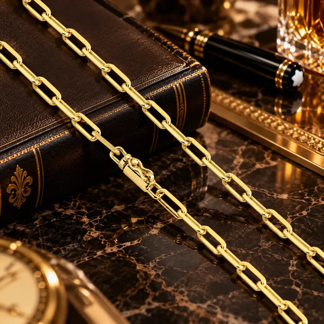 Detalhe em aproximação da corrente estilo Cartier banhada a ouro 18k destacando o fecho canhão com trava sobre superfície de mármore escura