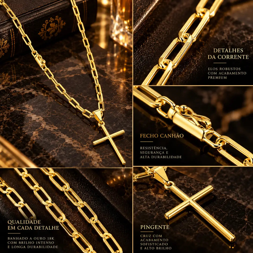 Infográfico com detalhes do colar masculino destacando os elos Cartier, a estrutura do fecho canhão, a qualidade do banho de ouro 18k e o acabamento do pingente cruz palito.