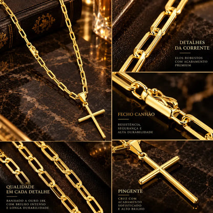 Infográfico com detalhes do colar masculino destacando os elos Cartier, a estrutura do fecho canhão, a qualidade do banho de ouro 18k e o acabamento do pingente cruz palito.