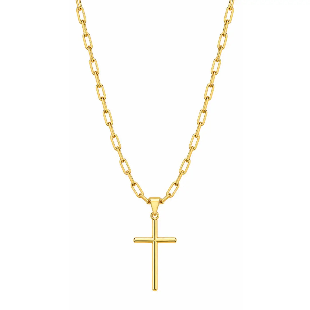 Foto de produto em fundo branco destacando o Colar Masculino Cartier Fecho Canhão Com Pingente Cruz Palito Banhada a Ouro 18k por inteiro.