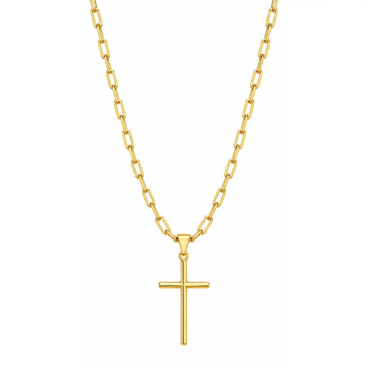 Foto de produto em fundo branco destacando o Colar Masculino Cartier Fecho Canhão Com Pingente Cruz Palito Banhada a Ouro 18k por inteiro.