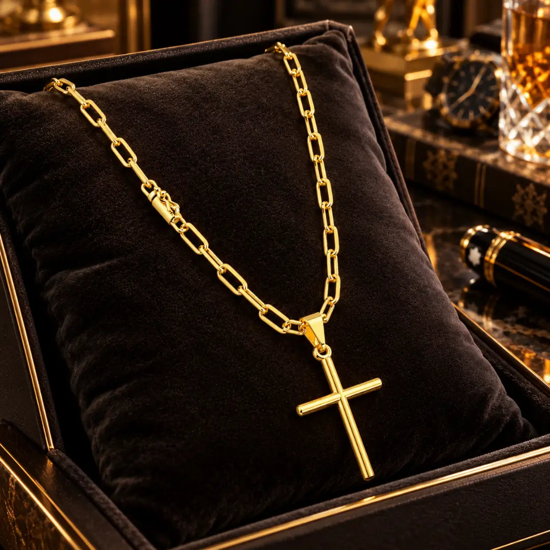 Colar masculino banhado a ouro 18k com corrente Cartier e pingente cruz palito apoiado sobre almofada de veludo preto em estojo elegante.