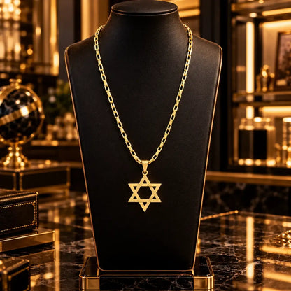 Colar masculino banhado a ouro 18k com corrente estilo Cartier tijolinho e pingente de Estrela de Davi exibido em um busto expositor preto de joias.