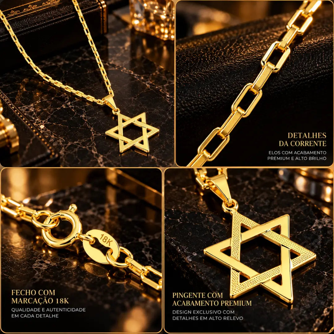 Infográfico com detalhes do colar masculino destacando o acabamento dos elos Cartier tijolinho, a gravação 18K no fecho e a textura em alto relevo do pingente Estrela de Davi.