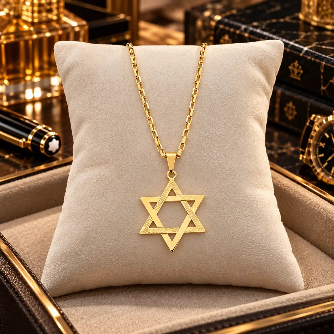 Colar masculino banhado a ouro 18k com corrente Cartier tijolinho e pingente Estrela de Davi apoiado sobre almofada de veludo clara em caixa de joias.