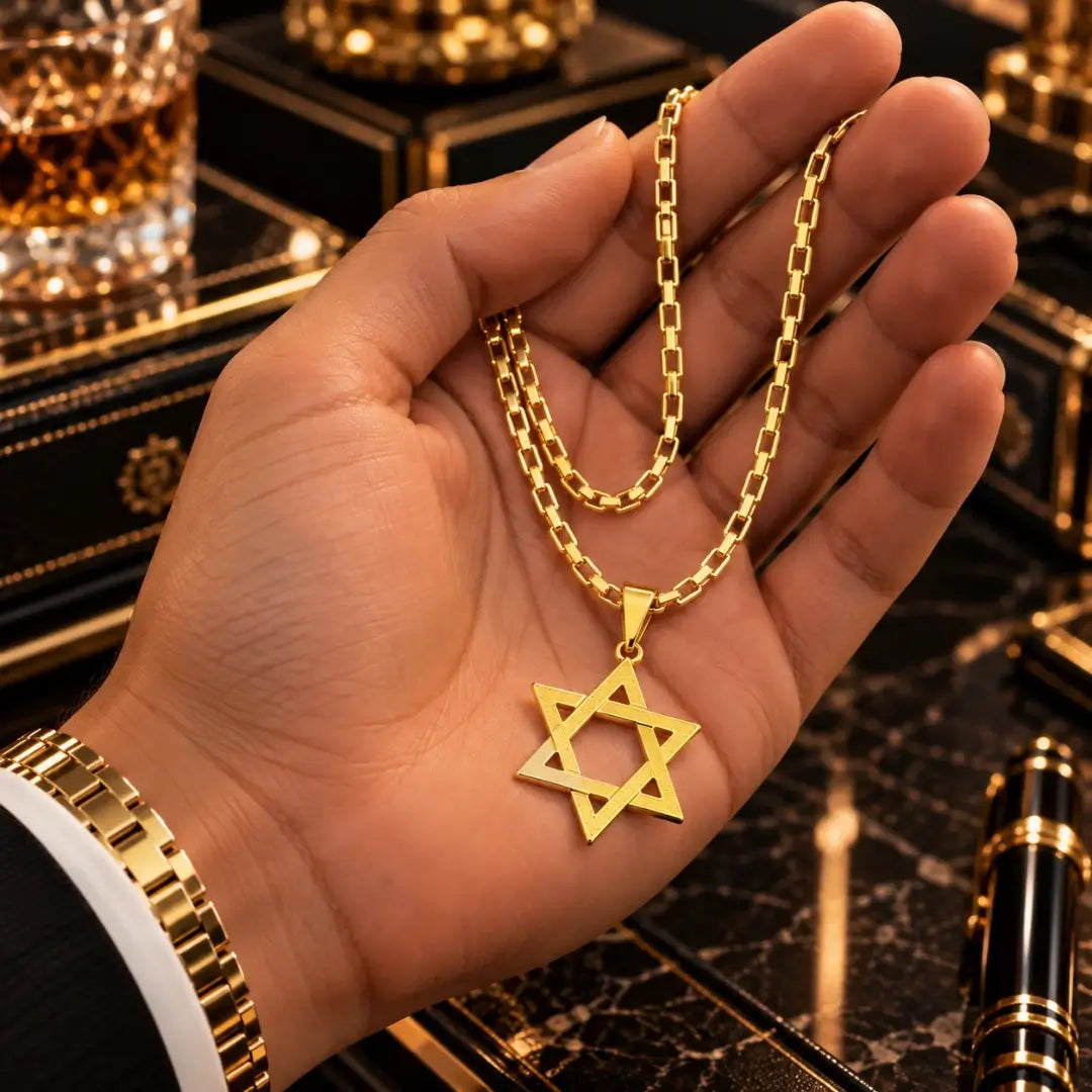 Mão masculina segurando a corrente Cartier tijolinho banhada a ouro 18k e o pingente de Estrela de Davi para demonstração de escala e proporção.