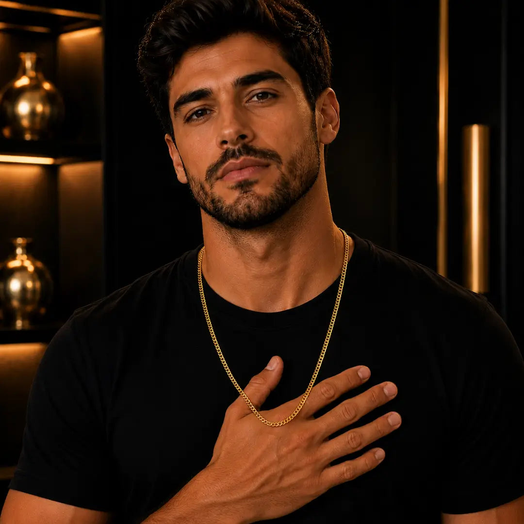 Corrente Grossa Cordão Masculino Grumet Dupla com Fecho Gaveta Banhado a ouro 18k