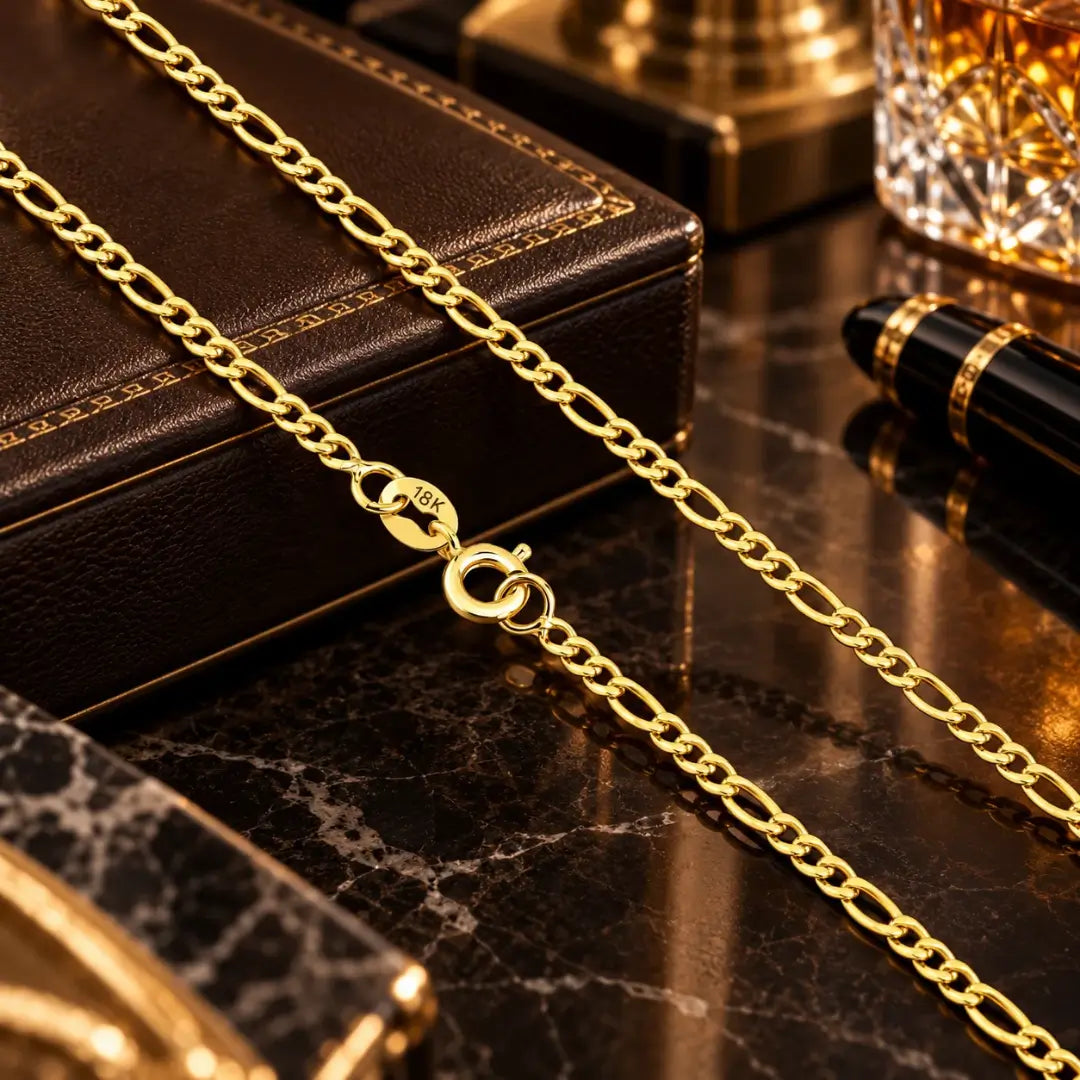 Detalhe da corrente estilo 3x1 banhada a ouro 18k destacando o fecho boia com gravação de autenticidade 18K sobre superfície de mármore escura.