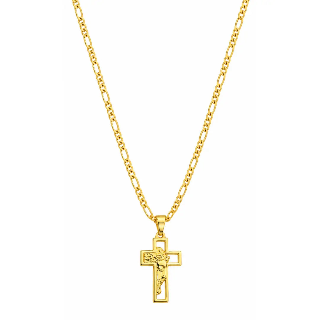 Foto de produto em fundo branco destacando o Colar Masculino Corrente 3x1 Com Pingente Jesus Cristo Banhada a Ouro 18k por inteiro.