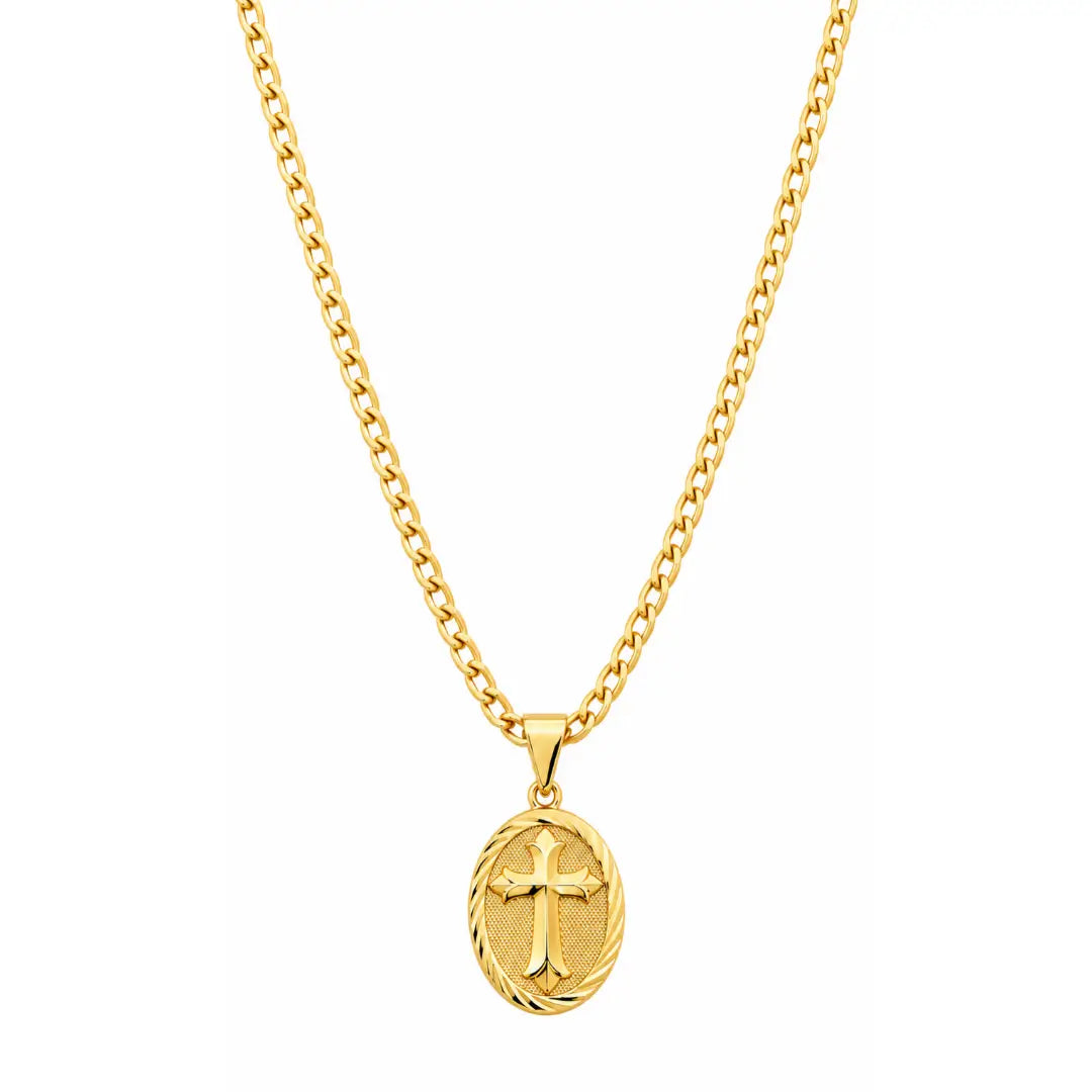 Foto de produto em fundo branco destacando o Colar Masculino Corrente Grumet Com Medalha Detalhada Banhada a Ouro 18k por inteiro.