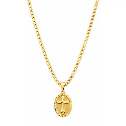 Foto de produto em fundo branco destacando o Colar Masculino Corrente Grumet Com Medalha Detalhada Banhada a Ouro 18k por inteiro.