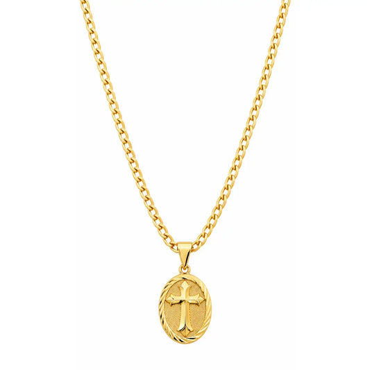 Foto de produto em fundo branco destacando o Colar Masculino Corrente Grumet Com Medalha Detalhada Banhada a Ouro 18k por inteiro.