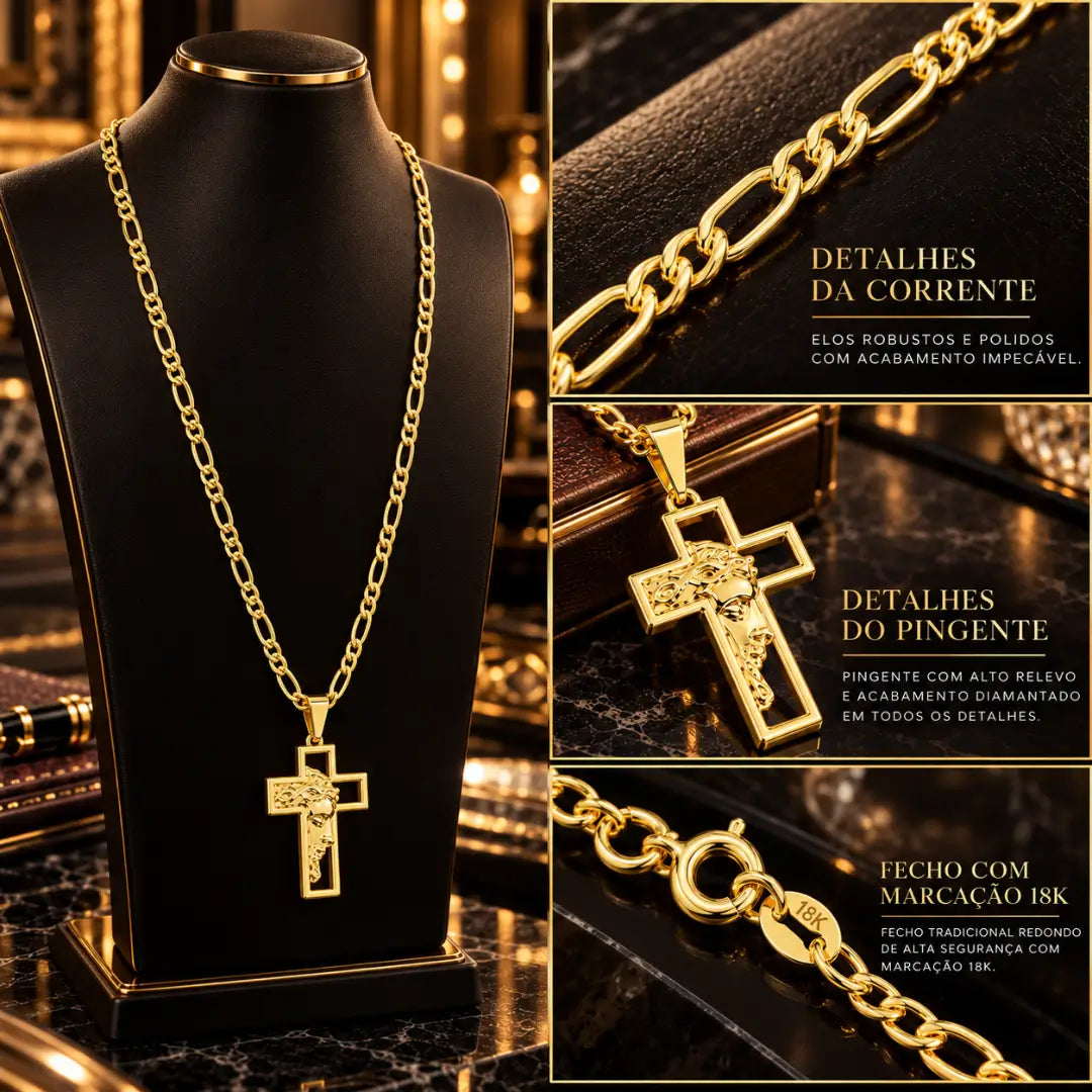 Infográfico com detalhes do colar masculino destacando os elos da corrente 3x1, o acabamento do pingente de cruz com Jesus Cristo e o fecho com marcação 18K.