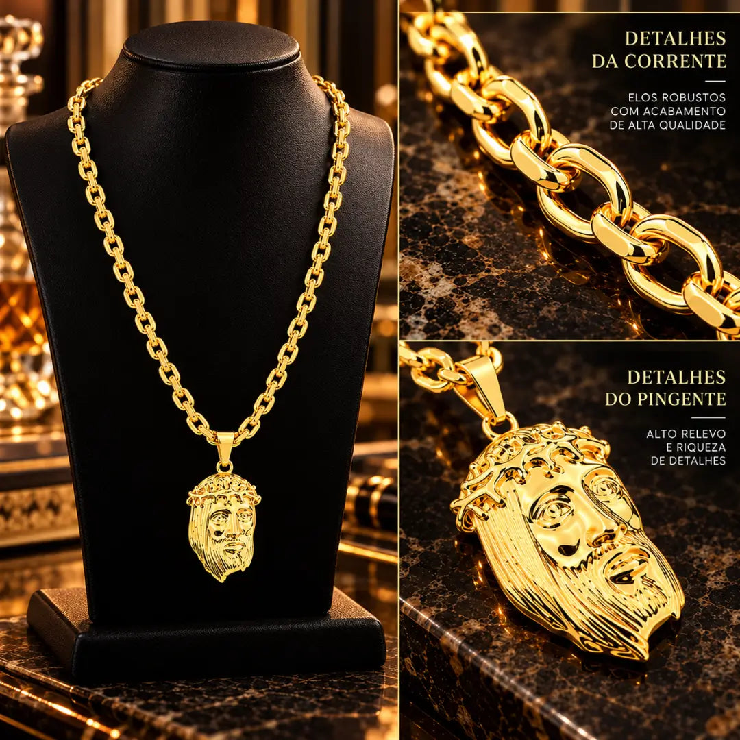 Expositor de joias exibindo a corrente de ouro com o pingente Face de Cristo em destaque, ao lado de aproximações focadas nos elos da corrente cadeado e nos detalhes gravados no pingente.