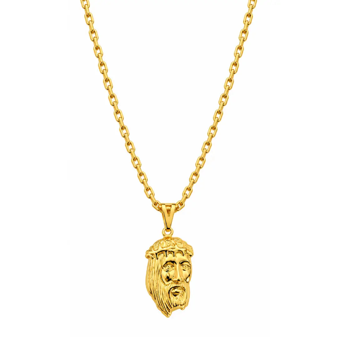 Foto de produto em fundo branco com iluminação de estúdio mostrando o Colar Masculino Corrente Cadeado Com Pingente Face de Cristo Grande Banhada a Ouro 18k por inteiro.