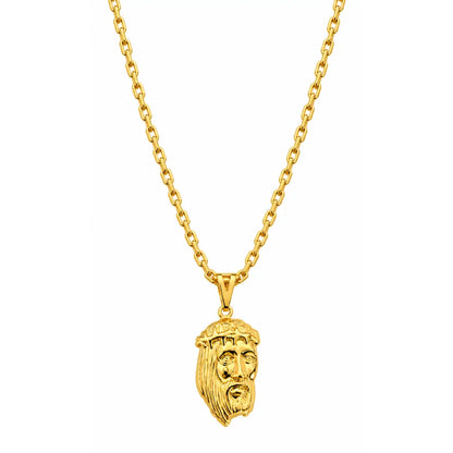 Foto de produto em fundo branco com iluminação de estúdio mostrando o Colar Masculino Corrente Cadeado Com Pingente Face de Cristo Grande Banhada a Ouro 18k por inteiro.