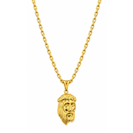 Foto de produto em fundo branco com iluminação de estúdio mostrando o Colar Masculino Corrente Cadeado Com Pingente Face de Cristo Grande Banhada a Ouro 18k por inteiro.