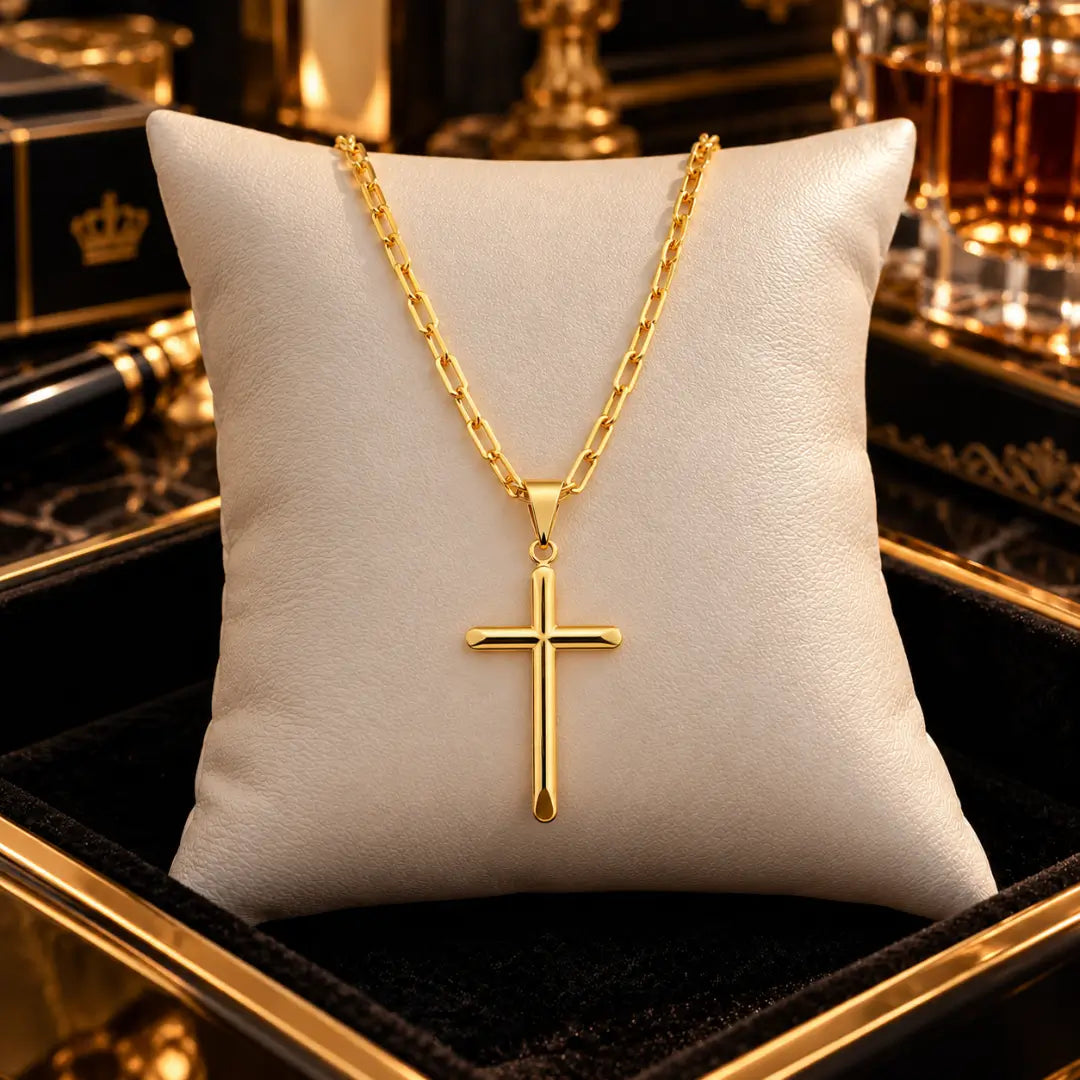 Colar masculino Cartier com Cruz Palito sobre bancada sofisticada