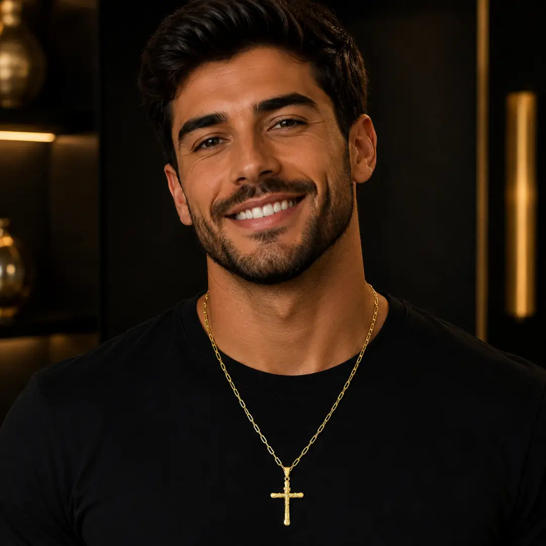 Corrente Masculina com Pingente Cruz 3D Banhados a Ouro 18k Correntinha cartier Cordão com Crucifixo