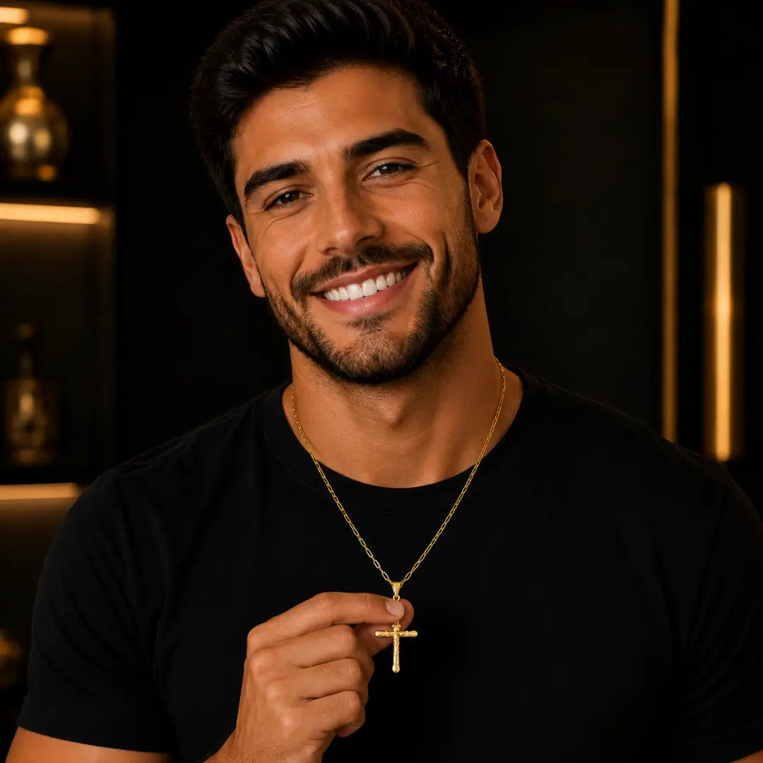 Corrente Masculina com Pingente Cruz 3D Banhados a Ouro 18k Correntinha cartier Cordão com Crucifixo