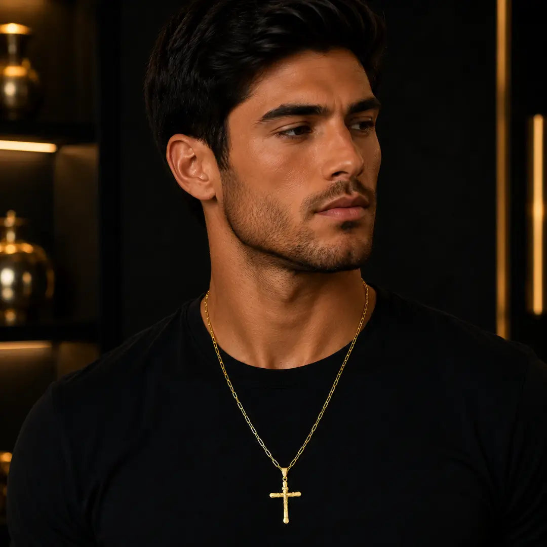 Corrente Masculina com Pingente Cruz 3D Banhados a Ouro 18k Correntinha cartier Cordão com Crucifixo