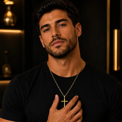 Corrente Masculina com Pingente Cruz 3D Banhados a Ouro 18k Correntinha cartier Cordão com Crucifixo