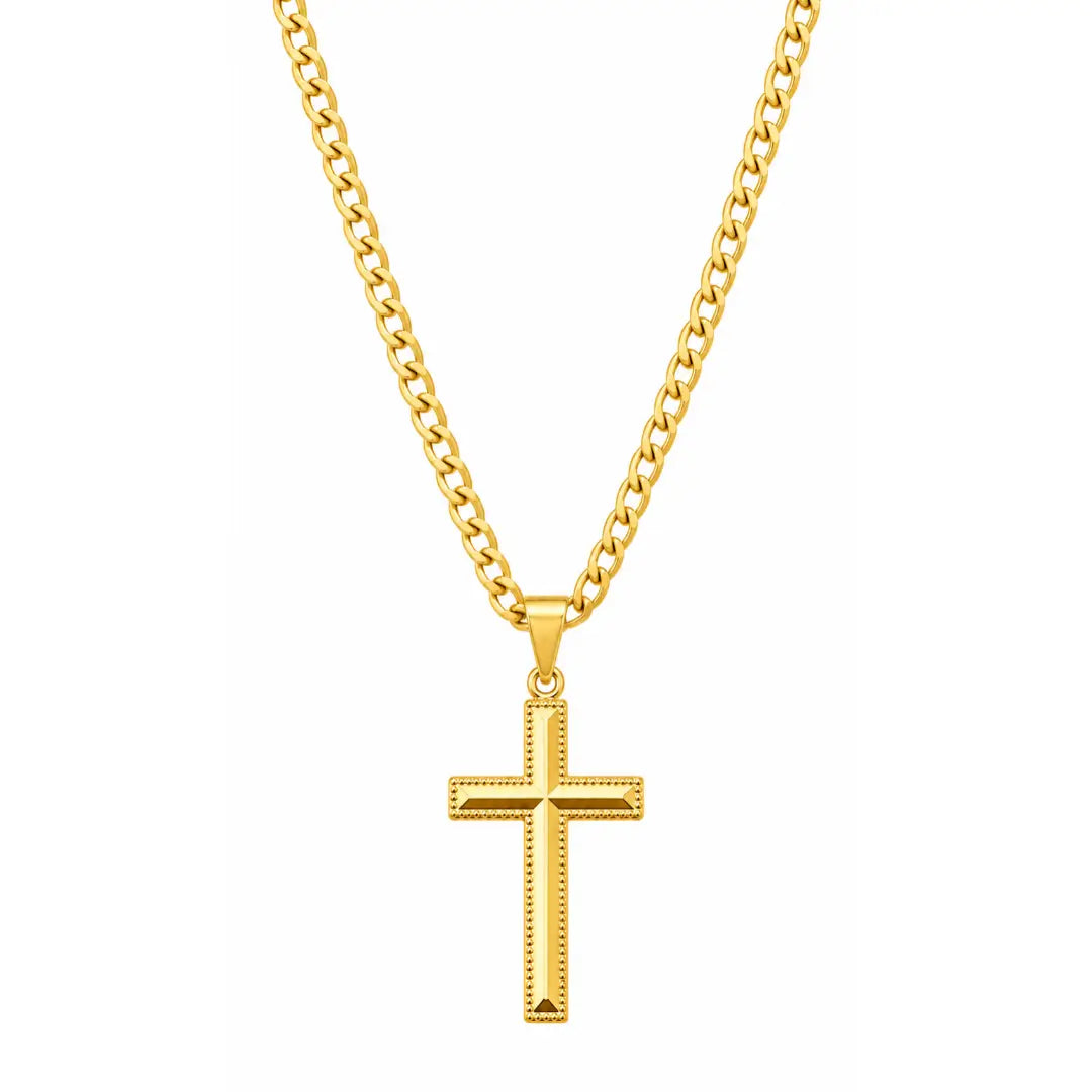 Foto de produto em fundo branco destacando o Colar Masculino Corrente Grumet Com Pingente Cruz Detalhada Banhada a Ouro 18k completo.