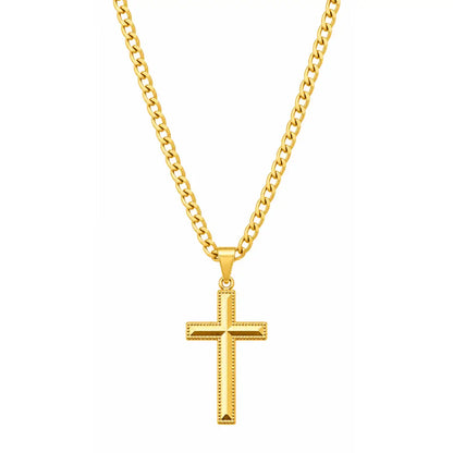 Foto de produto em fundo branco destacando o Colar Masculino Corrente Grumet Com Pingente Cruz Detalhada Banhada a Ouro 18k completo.