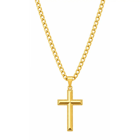 Foto de produto em fundo branco destacando o Colar Masculino Corrente Grumet Com Pingente Cruz Detalhada Banhada a Ouro 18k completo.