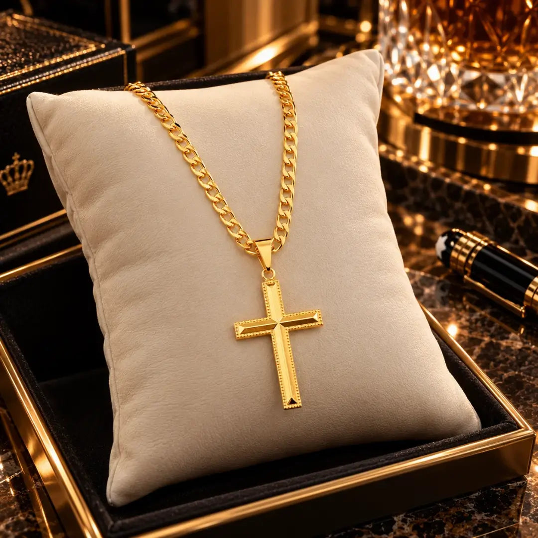 Colar masculino banhado a ouro 18k com corrente grumet e pingente de cruz detalhado apoiado sobre uma almofada clara de veludo em estojo de joias.