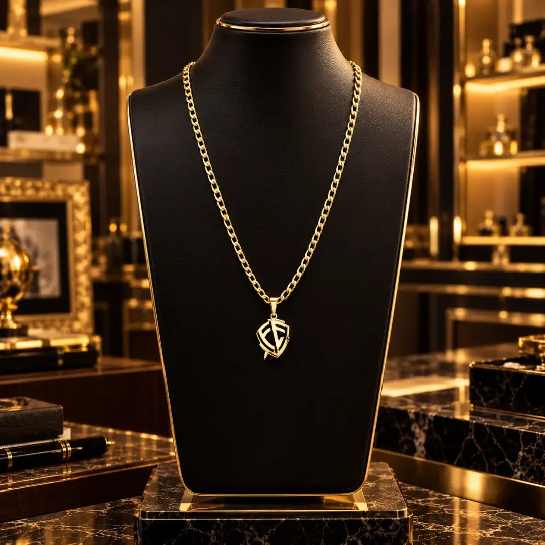 Colar masculino banhado a ouro 18k em corrente Grumet e pingente Escudo da Fé exibido em busto expositor preto de joias.