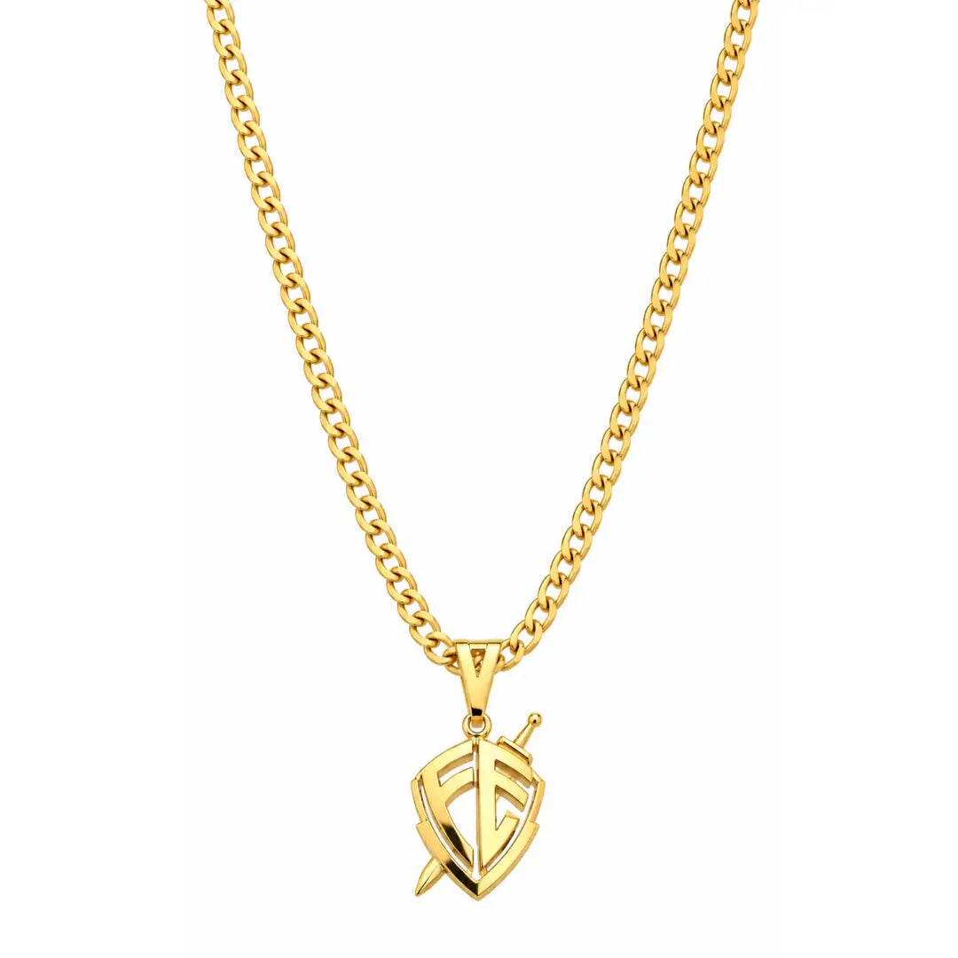 Foto de produto em fundo branco destacando por inteiro o Colar Masculino Corrente Grumet Com Pingente Escudo da Fé Banhada a Ouro 18k.