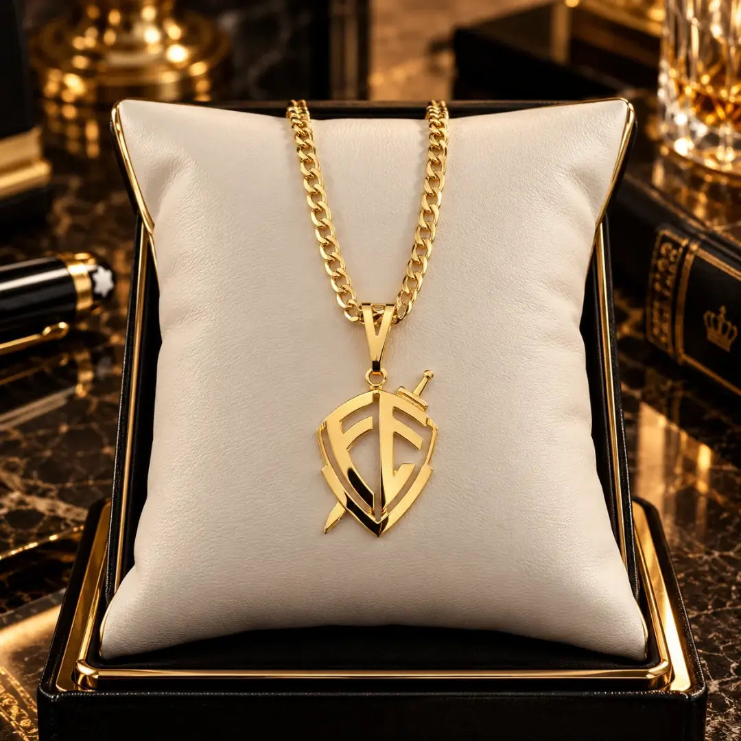 Colar masculino banhado a ouro 18k com corrente Grumet e pingente em formato de escudo da fé com espada apoiado sobre almofada de veludo clara.