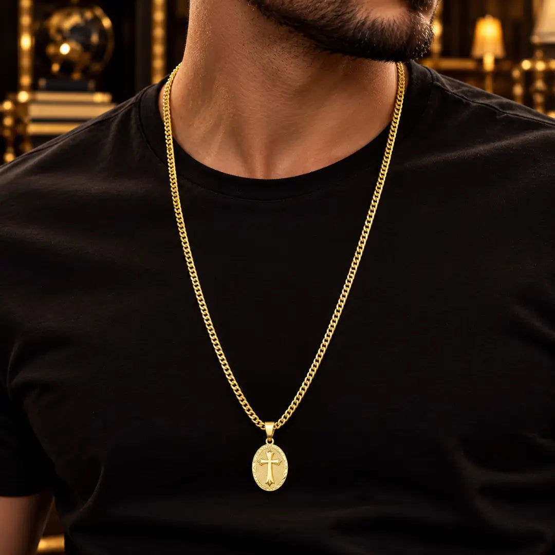 Homem usando colar masculino Grumet Dupla com pingente Medalha Cruz