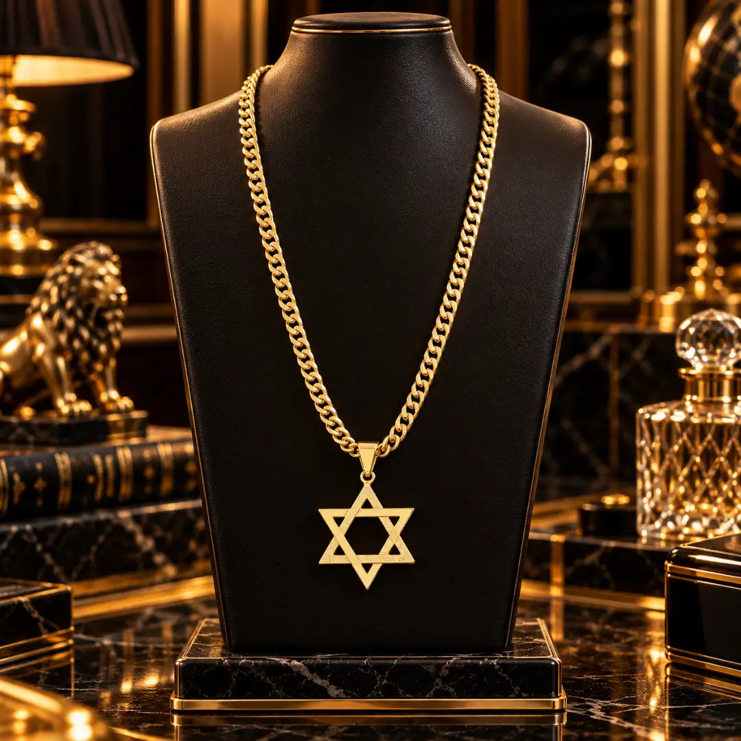 Colar masculino banhado a ouro 18k com corrente grumet dupla e pingente de Estrela de Davi exibido em um busto expositor preto de joias.