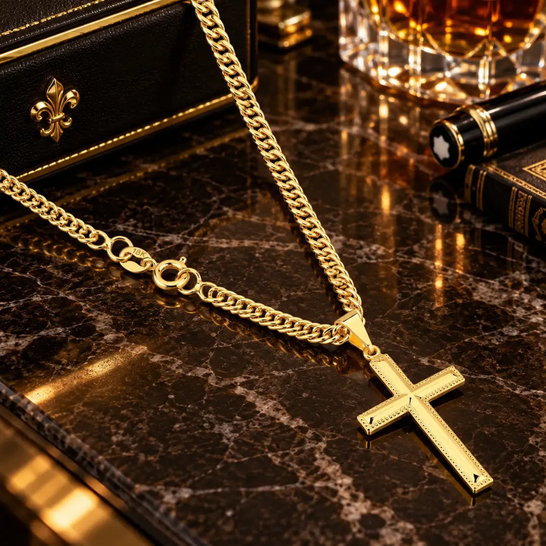 Colar masculino Grumet Dupla Lacraia 3mm com pingente Cruz Detalhada banhado a ouro 18K