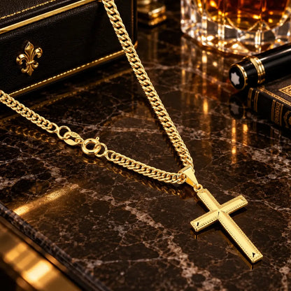 Colar masculino Grumet Dupla Lacraia 3mm com pingente Cruz Detalhada banhado a ouro 18K