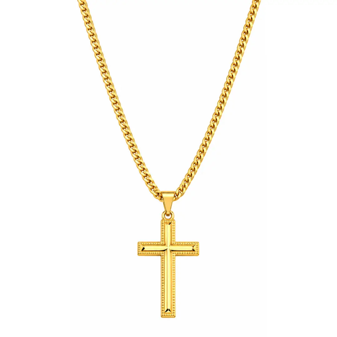 Colar masculino com pingente Cruz Detalhada banhado a ouro 18K em fundo branco