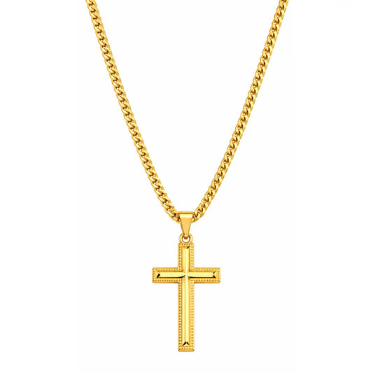 Colar masculino com pingente Cruz Detalhada banhado a ouro 18K em fundo branco
